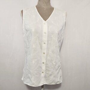 Women's Size S Linen Blend White Floral Embroidered Sleeveless Button Down Top